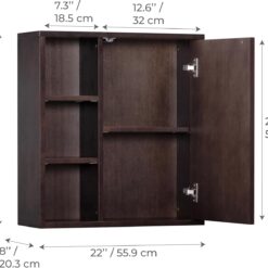 Teamson Home Tremolo 22″ Wide Bathroom Wall Mounted Medicine Cabinet with Open Compartments & 1 Door with Fixed Interior Shelf, Wooden Bracket for Mounting, Natural Fluted Finish in Espresso