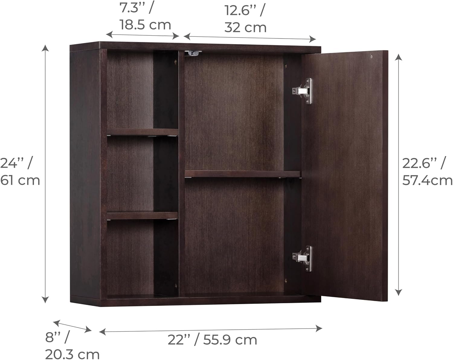 Teamson Home Tremolo 22″ Wide Bathroom Wall Mounted Medicine Cabinet with Open Compartments & 1 Door with Fixed Interior Shelf, Wooden Bracket for Mounting, Natural Fluted Finish in Espresso