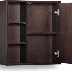 Teamson Home Tremolo 22″ Wide Bathroom Wall Mounted Medicine Cabinet with Open Compartments & 1 Door with Fixed Interior Shelf, Wooden Bracket for Mounting, Natural Fluted Finish in Espresso