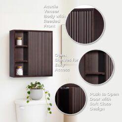 Teamson Home Tremolo 22″ Wide Bathroom Wall Mounted Medicine Cabinet with Open Compartments & 1 Door with Fixed Interior Shelf, Wooden Bracket for Mounting, Natural Fluted Finish in Espresso
