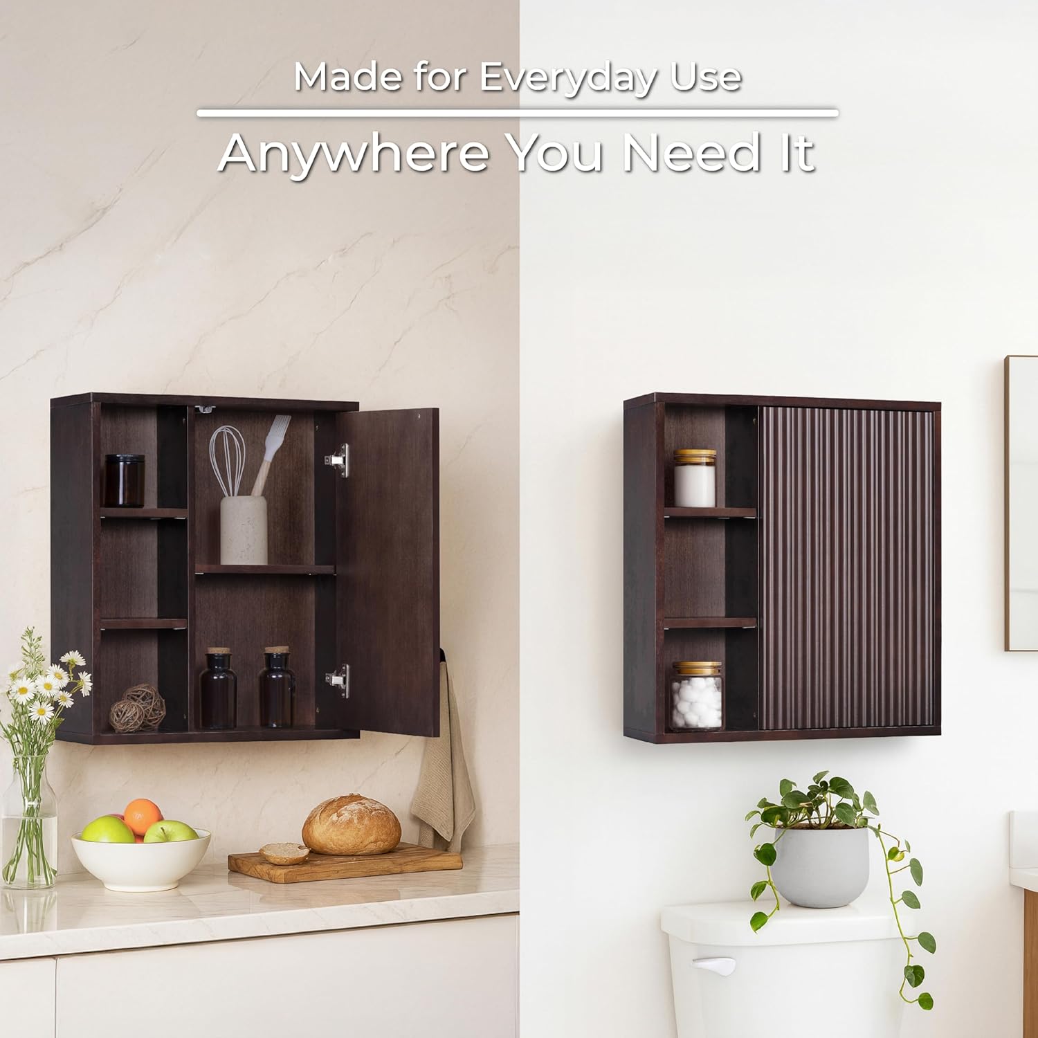 Teamson Home Tremolo 22″ Wide Bathroom Wall Mounted Medicine Cabinet with Open Compartments & 1 Door with Fixed Interior Shelf, Wooden Bracket for Mounting, Natural Fluted Finish in Espresso
