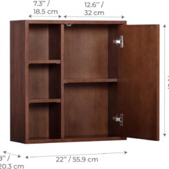 Teamson Home Tremolo 22″ Wide Bathroom Wall Mounted Medicine Cabinet with Open Compartments & 1 Door with Fixed Interior Shelf, Wooden Bracket for Mounting, Natural Fluted Finish in Walnut Color