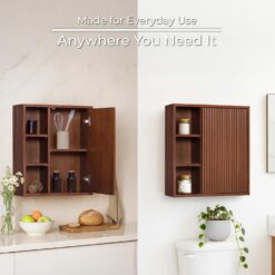 Teamson Home Tremolo 22″ Wide Bathroom Wall Mounted Medicine Cabinet with Open Compartments & 1 Door with Fixed Interior Shelf, Wooden Bracket for Mounting, Natural Fluted Finish in Walnut Color