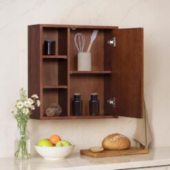 Teamson Home Tremolo 22″ Wide Bathroom Wall Mounted Medicine Cabinet with Open Compartments & 1 Door with Fixed Interior Shelf, Wooden Bracket for Mounting, Natural Fluted Finish in Walnut Color