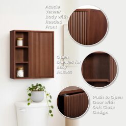 Teamson Home Tremolo 22″ Wide Bathroom Wall Mounted Medicine Cabinet with Open Compartments & 1 Door with Fixed Interior Shelf, Wooden Bracket for Mounting, Natural Fluted Finish in Walnut Color