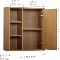Teamson Home Tremolo 22″ Wide Bathroom Wall Mounted Medicine Cabinet with Open Compartments & 1 Door with Fixed Interior Shelf, Wooden Bracket for Mounting, Fluted Finish in Natural Tone