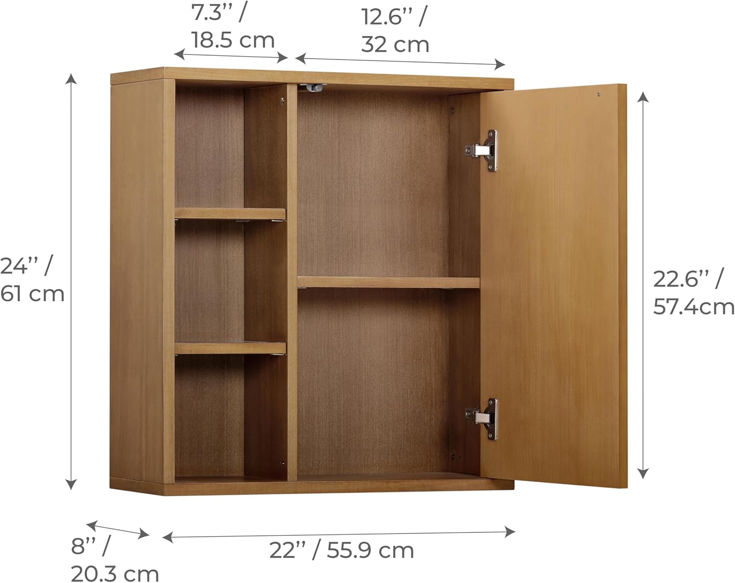 Teamson Home Tremolo 22″ Wide Bathroom Wall Mounted Medicine Cabinet with Open Compartments & 1 Door with Fixed Interior Shelf, Wooden Bracket for Mounting, Fluted Finish in Natural Tone