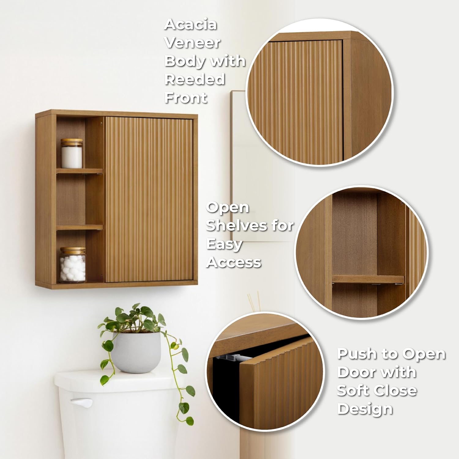 Teamson Home Tremolo 22″ Wide Bathroom Wall Mounted Medicine Cabinet with Open Compartments & 1 Door with Fixed Interior Shelf, Wooden Bracket for Mounting, Fluted Finish in Natural Tone