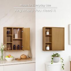 Teamson Home Tremolo 22″ Wide Bathroom Wall Mounted Medicine Cabinet with Open Compartments & 1 Door with Fixed Interior Shelf, Wooden Bracket for Mounting, Fluted Finish in Natural Tone