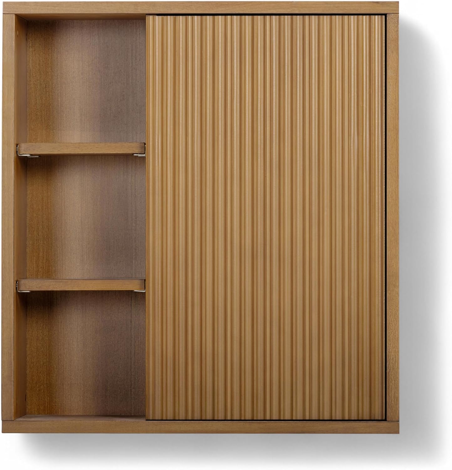 Teamson Home Tremolo 22″ Wide Bathroom Wall Mounted Medicine Cabinet with Open Compartments & 1 Door with Fixed Interior Shelf, Wooden Bracket for Mounting, Fluted Finish in Natural Tone