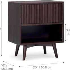 Teamson Home Tremolo 20″ Wide Bedside Nightstand with 1 Drawer & Open Shelf, Fluted Front & Contemporary Style with Solid Rubber Wood Feet, Dual Storage & Push-Open Design for Bedrooms, Espresso