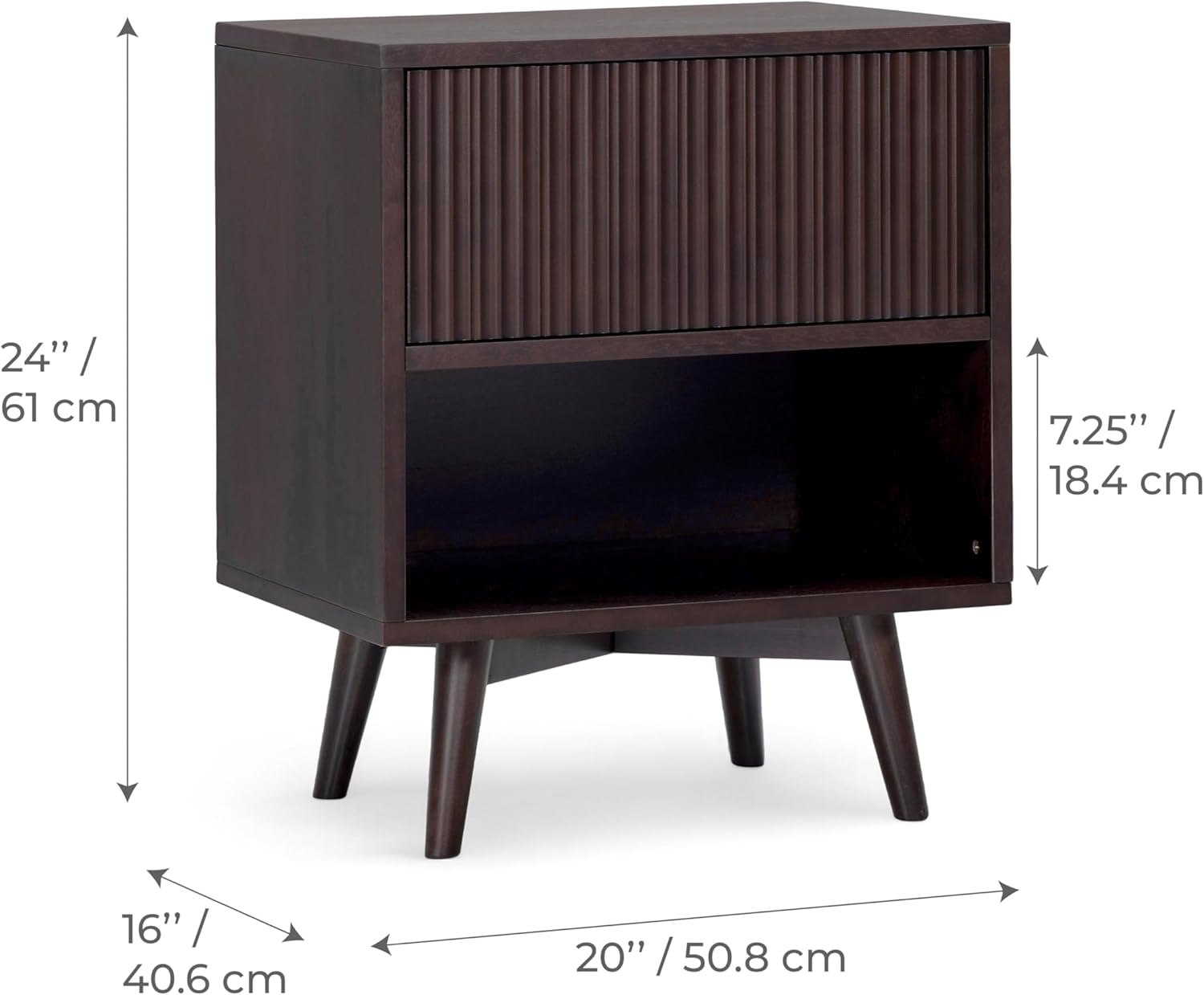 Teamson Home Tremolo 20″ Wide Bedside Nightstand with 1 Drawer & Open Shelf, Fluted Front & Contemporary Style with Solid Rubber Wood Feet, Dual Storage & Push-Open Design for Bedrooms, Espresso