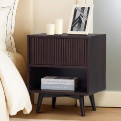 Teamson Home Tremolo 20″ Wide Bedside Nightstand with 1 Drawer & Open Shelf, Fluted Front & Contemporary Style with Solid Rubber Wood Feet, Dual Storage & Push-Open Design for Bedrooms, Espresso