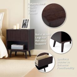 Teamson Home Tremolo 20″ Wide Bedside Nightstand with 1 Drawer & Open Shelf, Fluted Front & Contemporary Style with Solid Rubber Wood Feet, Dual Storage & Push-Open Design for Bedrooms, Espresso