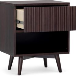 Teamson Home Tremolo 20″ Wide Bedside Nightstand with 1 Drawer & Open Shelf, Fluted Front & Contemporary Style with Solid Rubber Wood Feet, Dual Storage & Push-Open Design for Bedrooms, Espresso