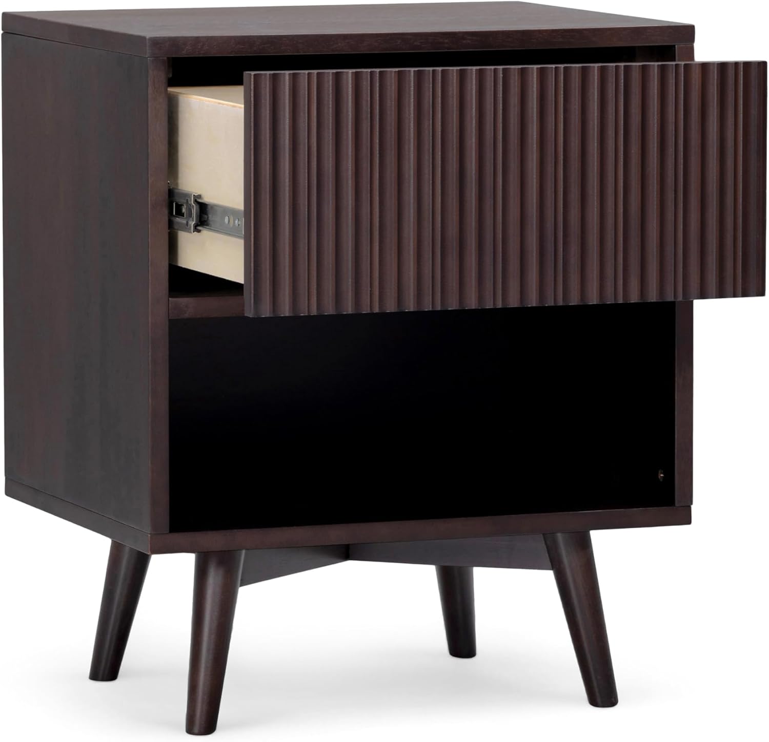 Teamson Home Tremolo 20″ Wide Bedside Nightstand with 1 Drawer & Open Shelf, Fluted Front & Contemporary Style with Solid Rubber Wood Feet, Dual Storage & Push-Open Design for Bedrooms, Espresso