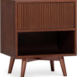 Teamson Home Tremolo 20″ Wide Bedside Nightstand with 1 Drawer & Open Shelf, Fluted Front & Contemporary Style with Solid Rubber Wood Feet, Dual Storage & Push-Open Design for Bedrooms, Walnut