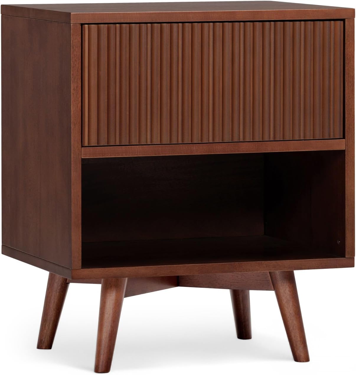 Teamson Home Tremolo 20″ Wide Bedside Nightstand with 1 Drawer & Open Shelf, Fluted Front & Contemporary Style with Solid Rubber Wood Feet, Dual Storage & Push-Open Design for Bedrooms, Walnut