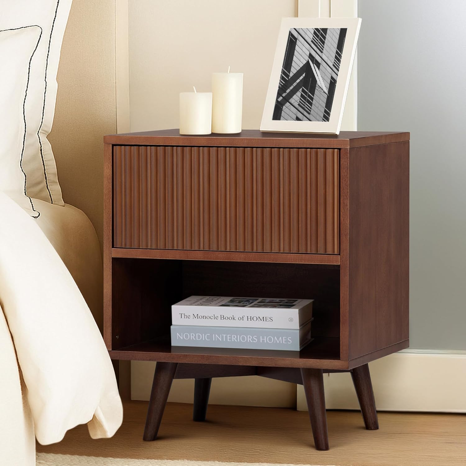 Teamson Home Tremolo 20″ Wide Bedside Nightstand with 1 Drawer & Open Shelf, Fluted Front & Contemporary Style with Solid Rubber Wood Feet, Dual Storage & Push-Open Design for Bedrooms, Walnut