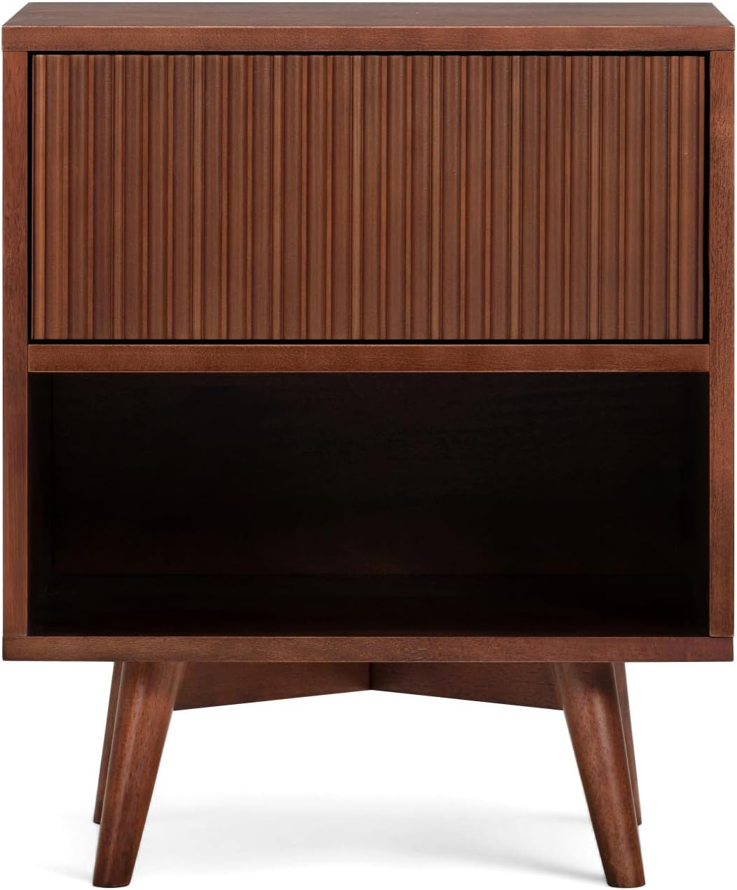 Teamson Home Tremolo 20″ Wide Bedside Nightstand with 1 Drawer & Open Shelf, Fluted Front & Contemporary Style with Solid Rubber Wood Feet, Dual Storage & Push-Open Design for Bedrooms, Walnut