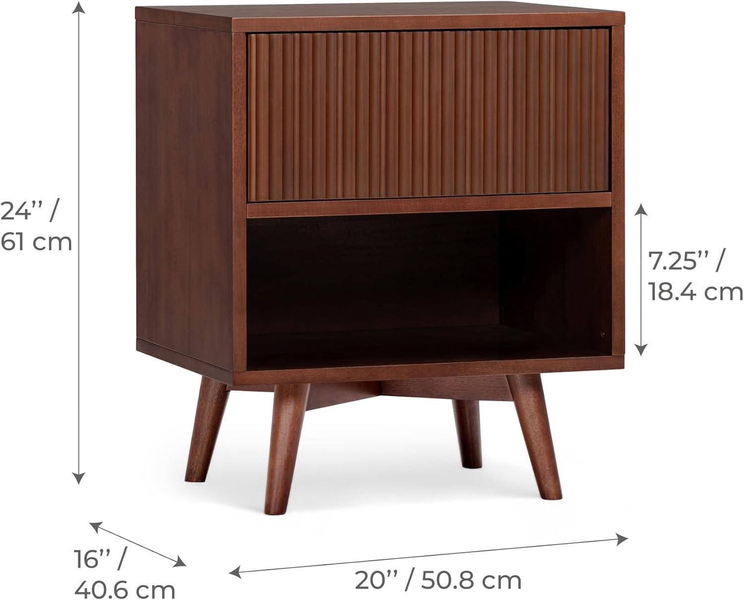 Teamson Home Tremolo 20″ Wide Bedside Nightstand with 1 Drawer & Open Shelf, Fluted Front & Contemporary Style with Solid Rubber Wood Feet, Dual Storage & Push-Open Design for Bedrooms, Walnut