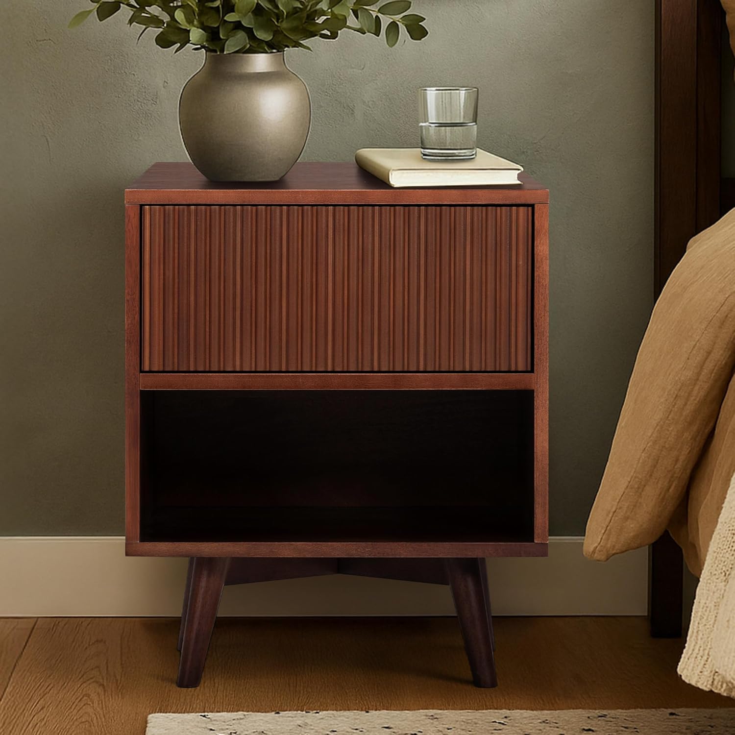Teamson Home Tremolo 20″ Wide Bedside Nightstand with 1 Drawer & Open Shelf, Fluted Front & Contemporary Style with Solid Rubber Wood Feet, Dual Storage & Push-Open Design for Bedrooms, Walnut