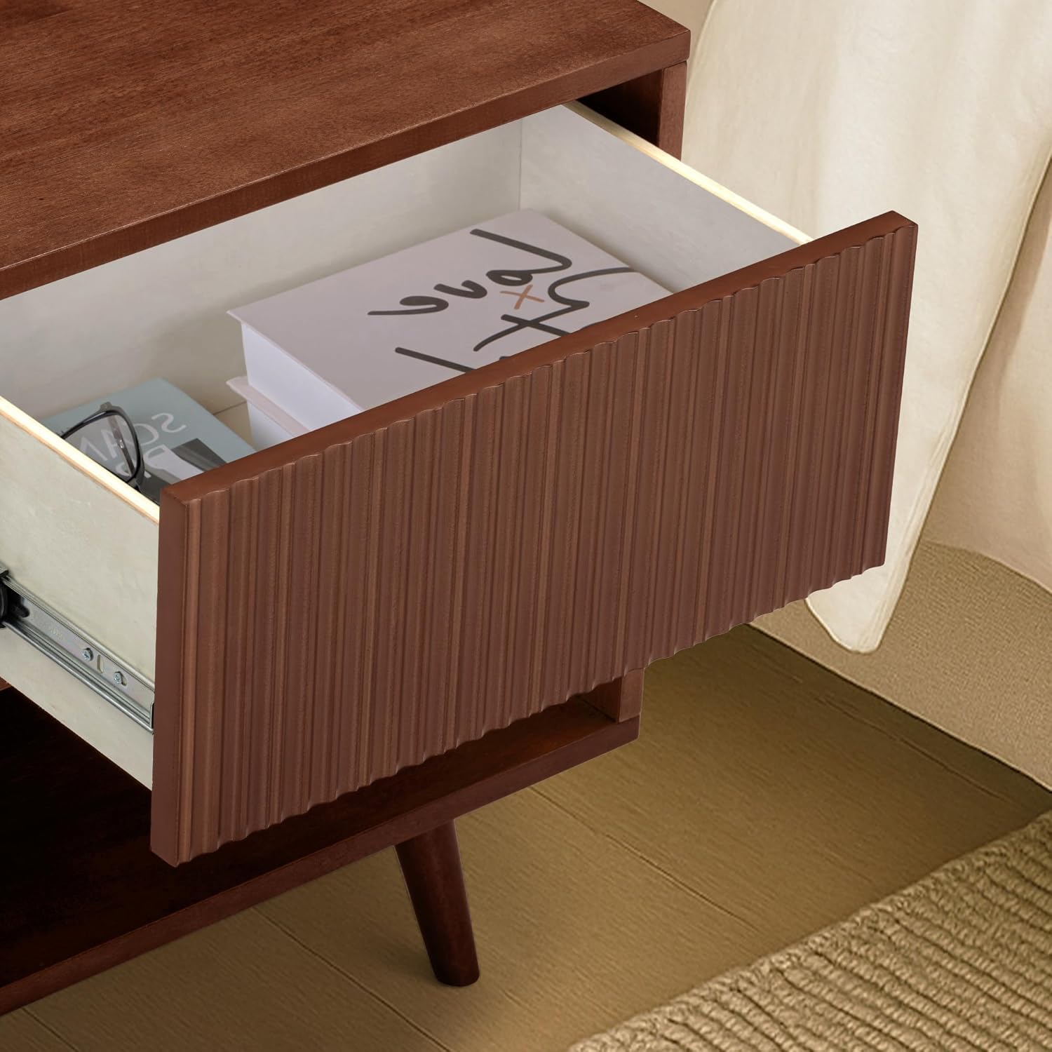 Teamson Home Tremolo 20″ Wide Bedside Nightstand with 1 Drawer & Open Shelf, Fluted Front & Contemporary Style with Solid Rubber Wood Feet, Dual Storage & Push-Open Design for Bedrooms, Walnut