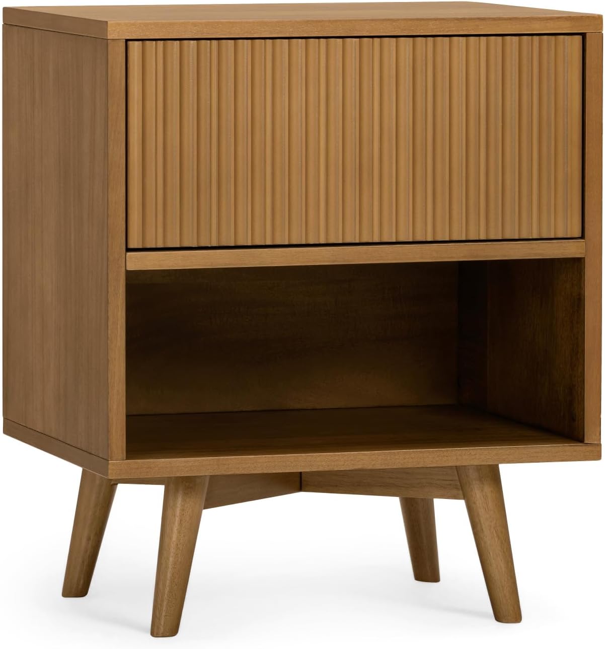 Teamson Home Tremolo 20″ Wide Bedside Nightstand with 1 Drawer & Open Shelf, Fluted Front & Contemporary Style with Solid Rubber Wood Feet, Dual Storage & Push-Open Design for Bedrooms, Natural