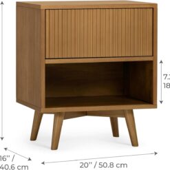 Teamson Home Tremolo 20″ Wide Bedside Nightstand with 1 Drawer & Open Shelf, Fluted Front & Contemporary Style with Solid Rubber Wood Feet, Dual Storage & Push-Open Design for Bedrooms, Natural