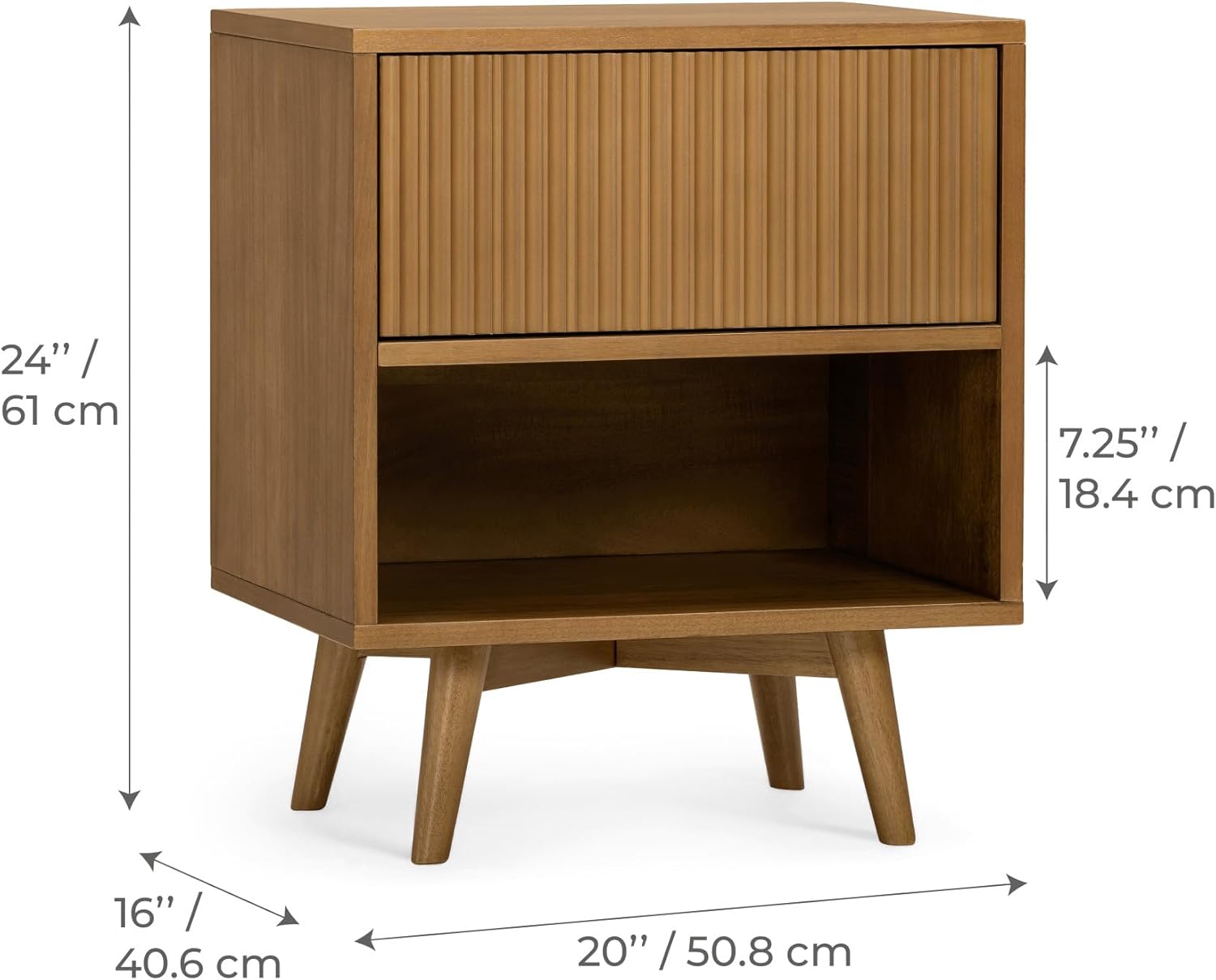 Teamson Home Tremolo 20″ Wide Bedside Nightstand with 1 Drawer & Open Shelf, Fluted Front & Contemporary Style with Solid Rubber Wood Feet, Dual Storage & Push-Open Design for Bedrooms, Natural
