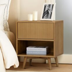 Teamson Home Tremolo 20″ Wide Bedside Nightstand with 1 Drawer & Open Shelf, Fluted Front & Contemporary Style with Solid Rubber Wood Feet, Dual Storage & Push-Open Design for Bedrooms, Natural