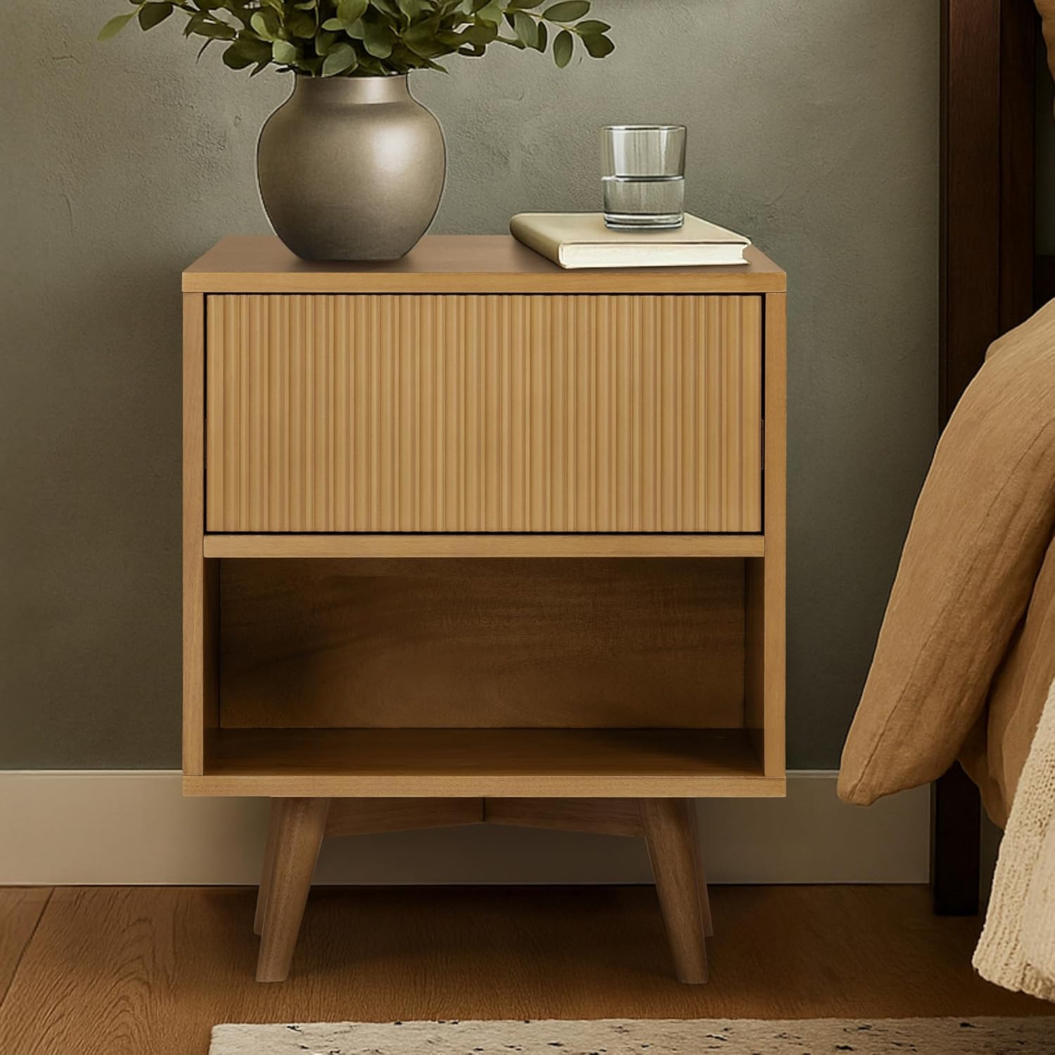 Teamson Home Tremolo 20″ Wide Bedside Nightstand with 1 Drawer & Open Shelf, Fluted Front & Contemporary Style with Solid Rubber Wood Feet, Dual Storage & Push-Open Design for Bedrooms, Natural