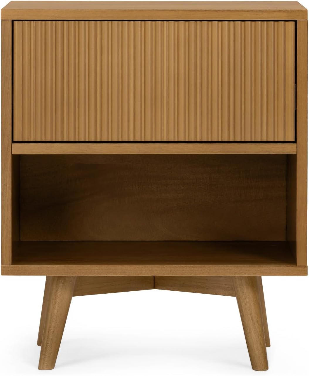 Teamson Home Tremolo 20″ Wide Bedside Nightstand with 1 Drawer & Open Shelf, Fluted Front & Contemporary Style with Solid Rubber Wood Feet, Dual Storage & Push-Open Design for Bedrooms, Natural