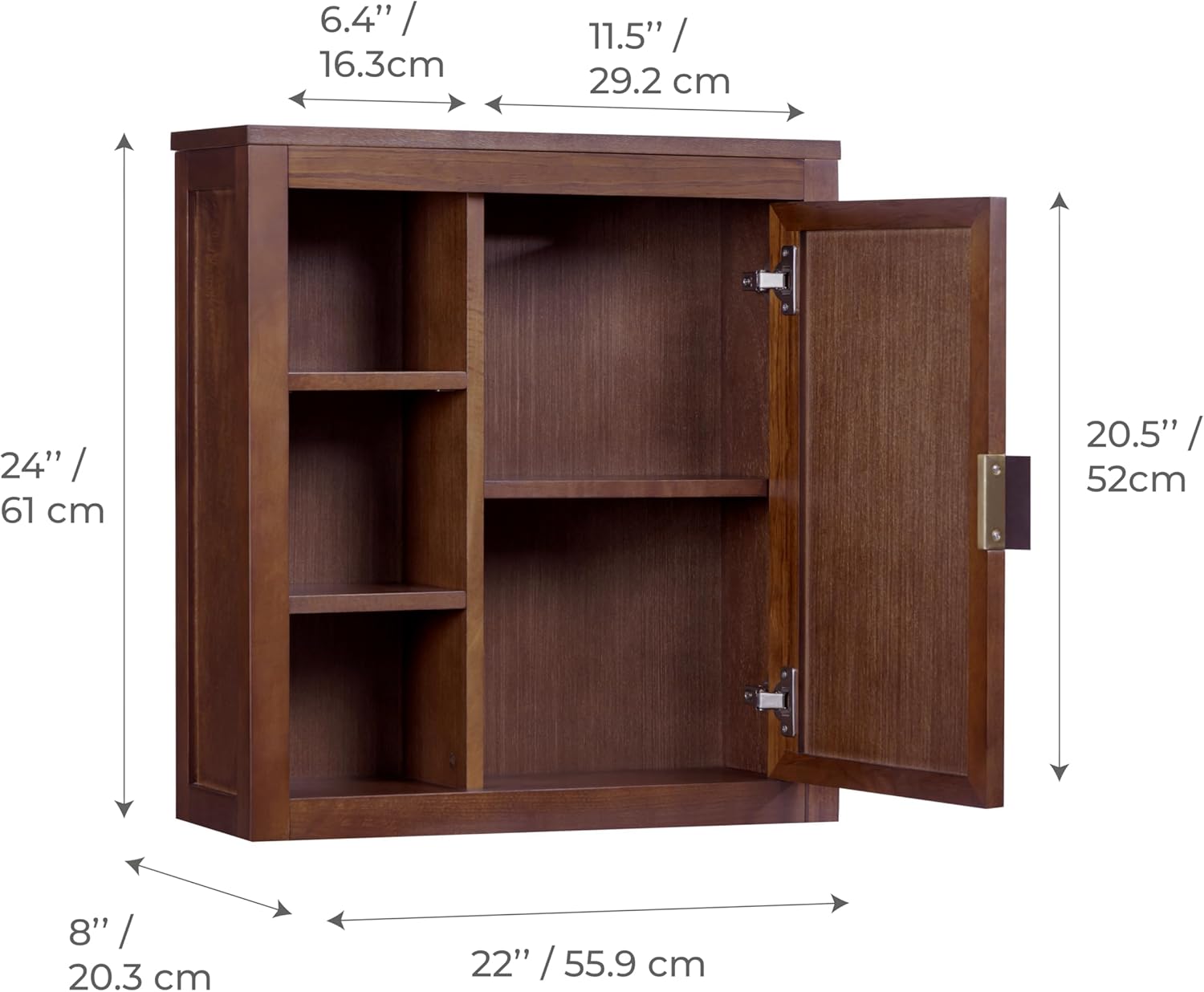 Teamson Home Hatteras 22" W Wall Cabinet with Open & Closed Storage Featuring Sturdy Shelves, Coastal Modern Style and Solid Wood Bracket for Secure Wall Installation, Walnut Finish