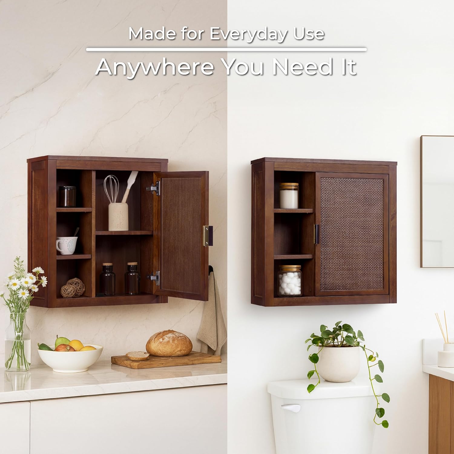 Teamson Home Hatteras 22" W Wall Cabinet with Open & Closed Storage Featuring Sturdy Shelves, Coastal Modern Style and Solid Wood Bracket for Secure Wall Installation, Walnut Finish