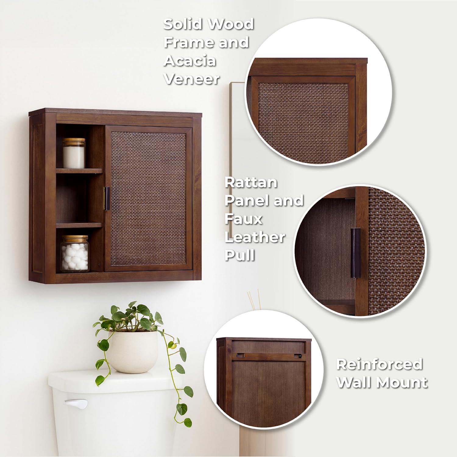 Teamson Home Hatteras 22" W Wall Cabinet with Open & Closed Storage Featuring Sturdy Shelves, Coastal Modern Style and Solid Wood Bracket for Secure Wall Installation, Walnut Finish