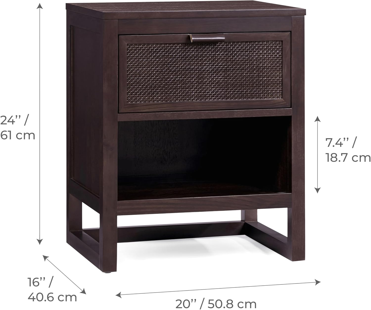 Teamson Home Hatteras 20" W Nightstand with 1 Deep Drawer and Open Shelf Storage in Coastal Modern Style, Ball Bearing Glides, Pine Wood Frames and MDF with Rattan, Black Finish