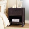 Teamson Home Hatteras 20" W Nightstand with 1 Deep Drawer and Open Shelf Storage in Coastal Modern Style, Ball Bearing Glides, Pine Wood Frames and MDF with Rattan, Black Finish