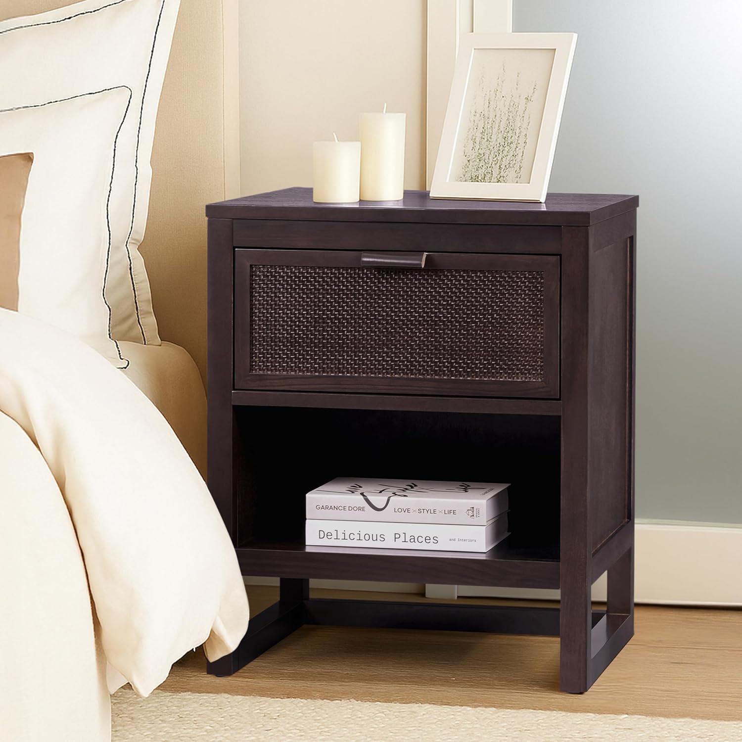 Teamson Home Hatteras 20" W Nightstand with 1 Deep Drawer and Open Shelf Storage in Coastal Modern Style, Ball Bearing Glides, Pine Wood Frames and MDF with Rattan, Black Finish