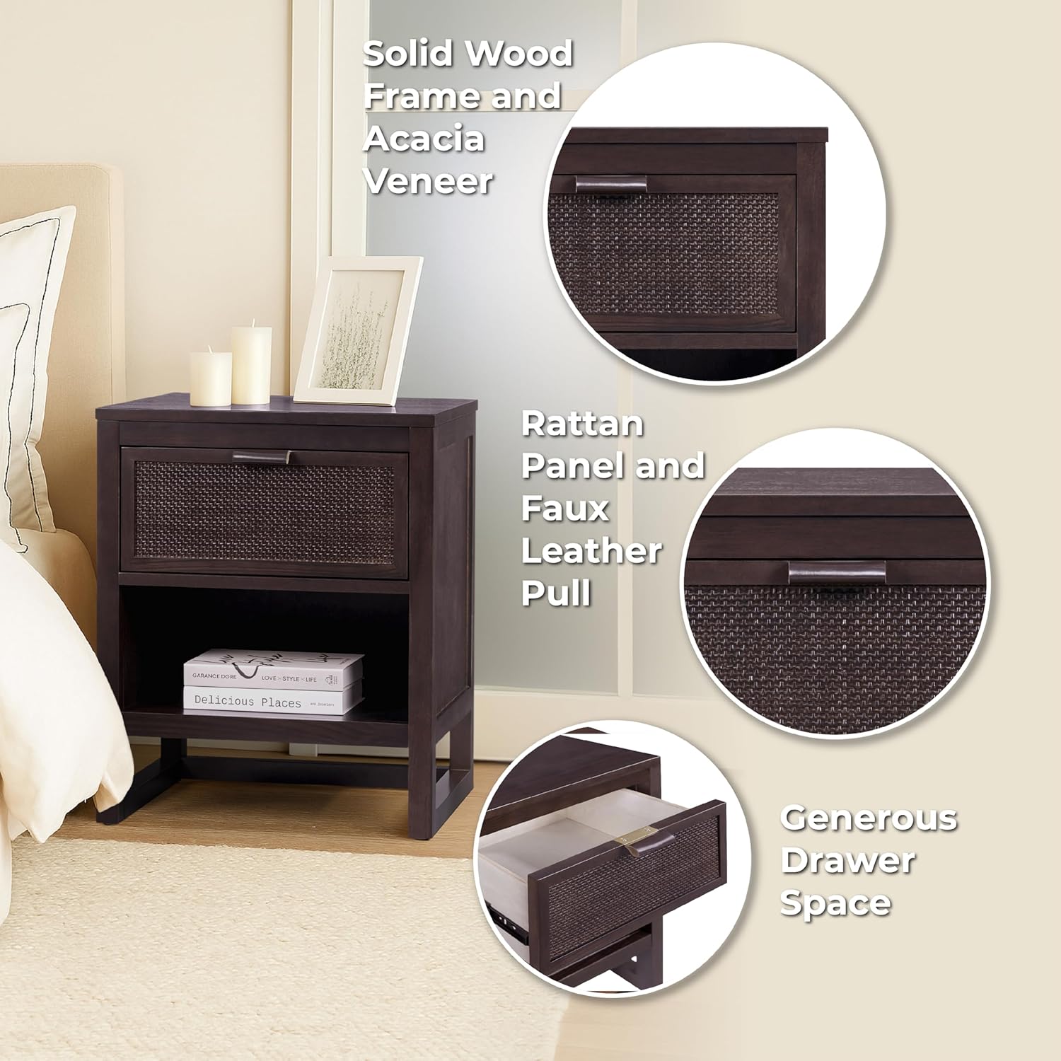 Teamson Home Hatteras 20" W Nightstand with 1 Deep Drawer and Open Shelf Storage in Coastal Modern Style, Ball Bearing Glides, Pine Wood Frames and MDF with Rattan, Black Finish