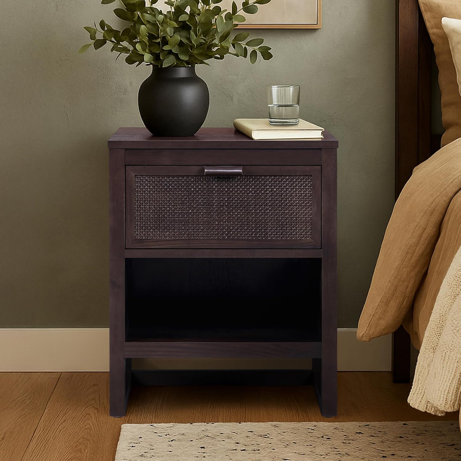 Teamson Home Hatteras 20" W Nightstand with 1 Deep Drawer and Open Shelf Storage in Coastal Modern Style, Ball Bearing Glides, Pine Wood Frames and MDF with Rattan, Black Finish