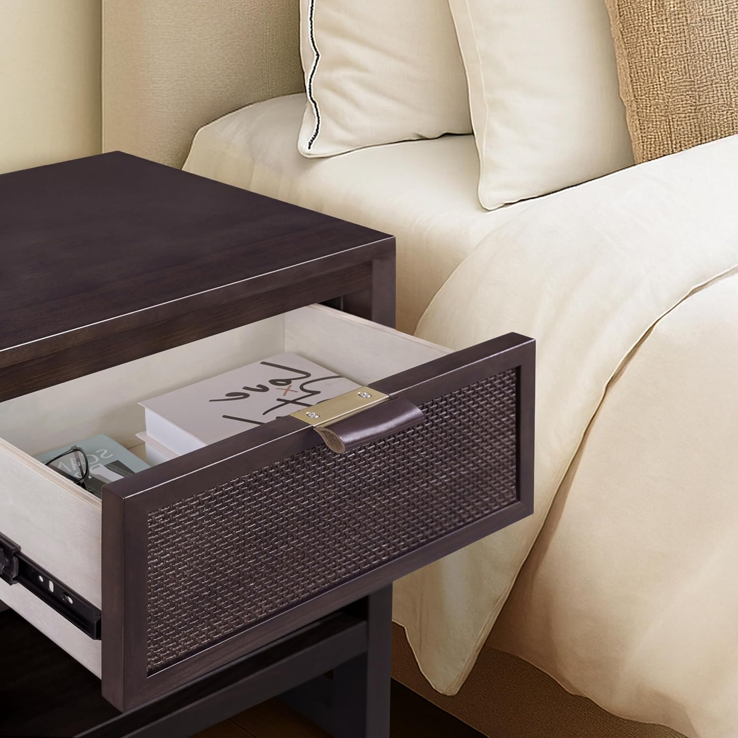 Teamson Home Hatteras 20" W Nightstand with 1 Deep Drawer and Open Shelf Storage in Coastal Modern Style, Ball Bearing Glides, Pine Wood Frames and MDF with Rattan, Black Finish
