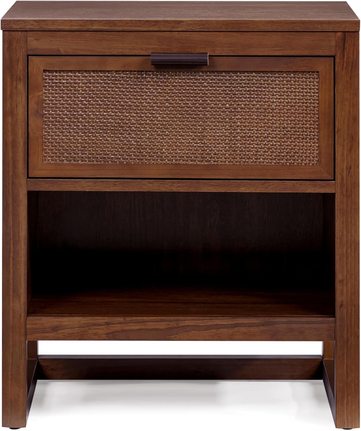Teamson Home Hatteras 20" W Nightstand with 1 Deep Drawer and Open Shelf Storage in Coastal Modern Style, Ball Bearing Glides, Pine Wood Frames and MDF with Rattan, Walnut Finish