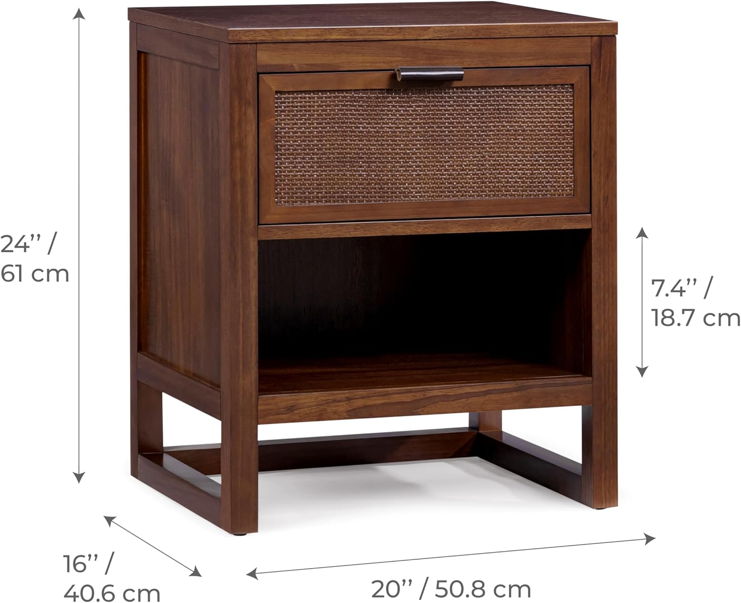 Teamson Home Hatteras 20" W Nightstand with 1 Deep Drawer and Open Shelf Storage in Coastal Modern Style, Ball Bearing Glides, Pine Wood Frames and MDF with Rattan, Walnut Finish