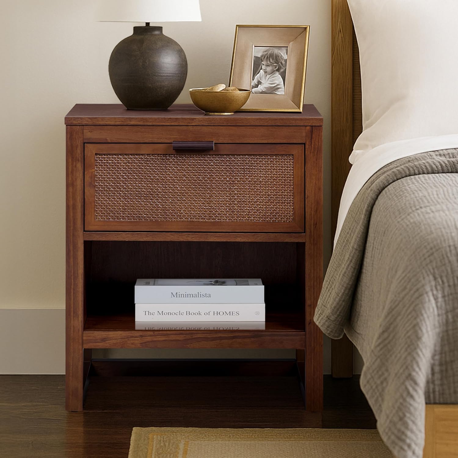 Teamson Home Hatteras 20" W Nightstand with 1 Deep Drawer and Open Shelf Storage in Coastal Modern Style, Ball Bearing Glides, Pine Wood Frames and MDF with Rattan, Walnut Finish