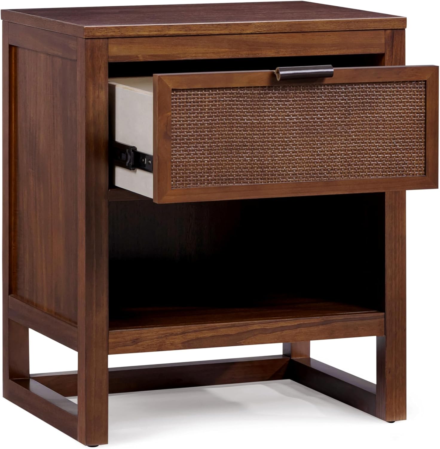 Teamson Home Hatteras 20" W Nightstand with 1 Deep Drawer and Open Shelf Storage in Coastal Modern Style, Ball Bearing Glides, Pine Wood Frames and MDF with Rattan, Walnut Finish