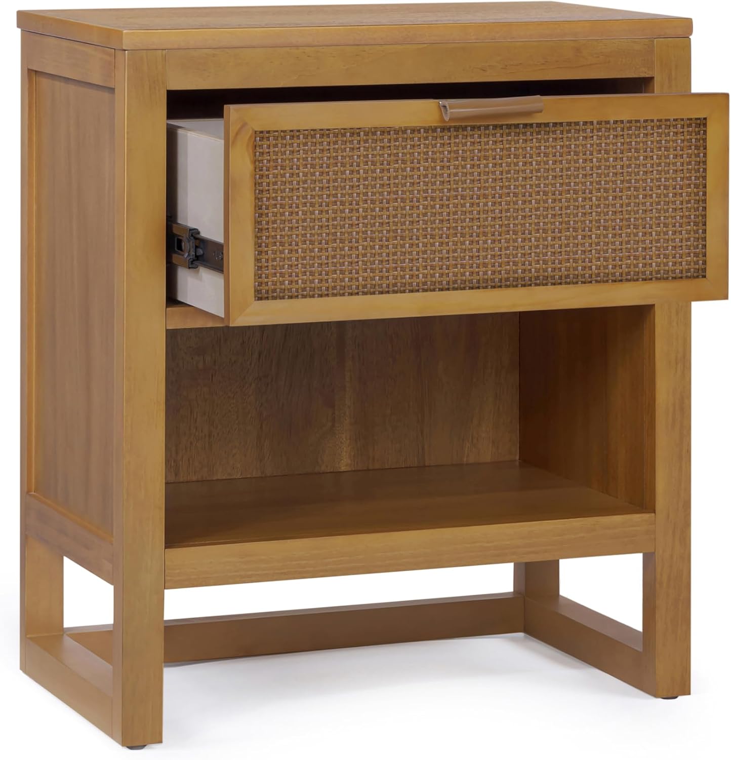 Teamson Home Hatteras 20" W Nightstand with 1 Deep Drawer and Open Shelf Storage in Coastal Modern Style, Ball Bearing Glides, Pine Wood Frames and MDF with Rattan, Natural Finish