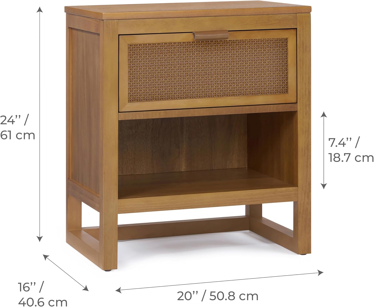 Teamson Home Hatteras 20" W Nightstand with 1 Deep Drawer and Open Shelf Storage in Coastal Modern Style, Ball Bearing Glides, Pine Wood Frames and MDF with Rattan, Natural Finish