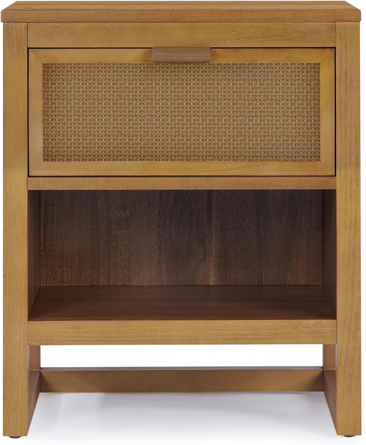 Teamson Home Hatteras 20" W Nightstand with 1 Deep Drawer and Open Shelf Storage in Coastal Modern Style, Ball Bearing Glides, Pine Wood Frames and MDF with Rattan, Natural Finish