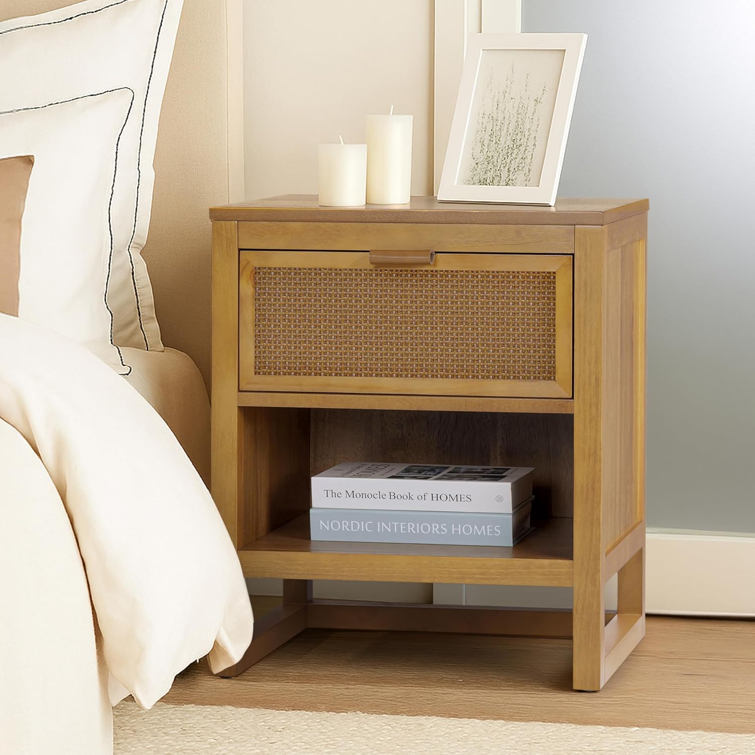 Teamson Home Hatteras 20" W Nightstand with 1 Deep Drawer and Open Shelf Storage in Coastal Modern Style, Ball Bearing Glides, Pine Wood Frames and MDF with Rattan, Natural Finish